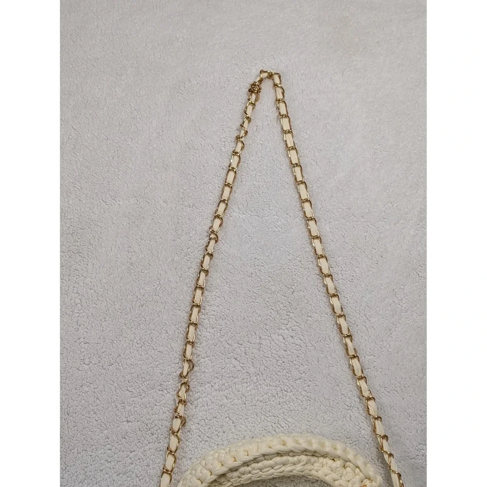 Ivory Chunky Knit Crossbody Bag Gold Chain Strap Mini Top Handle Boho